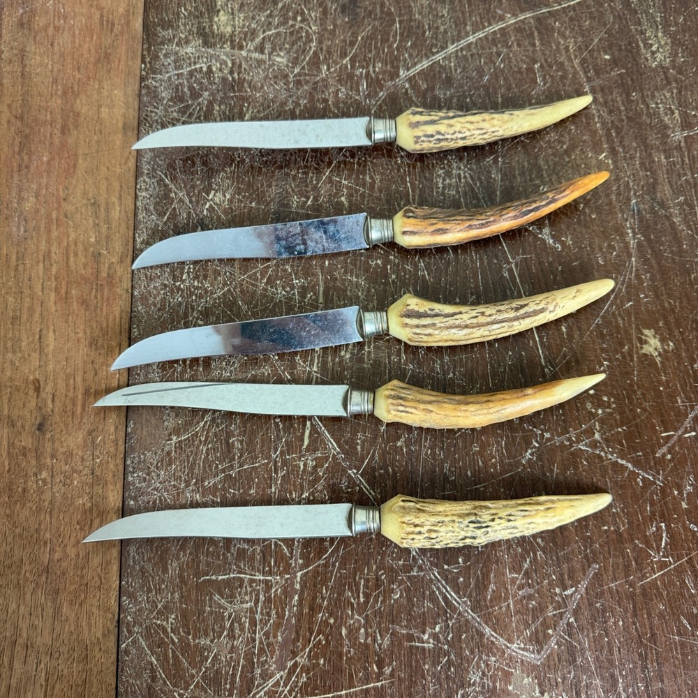 Anton‎ Wingen Jr. Rostfrei Germany Set of 5 Kitchen Knives Stag Antler Handle